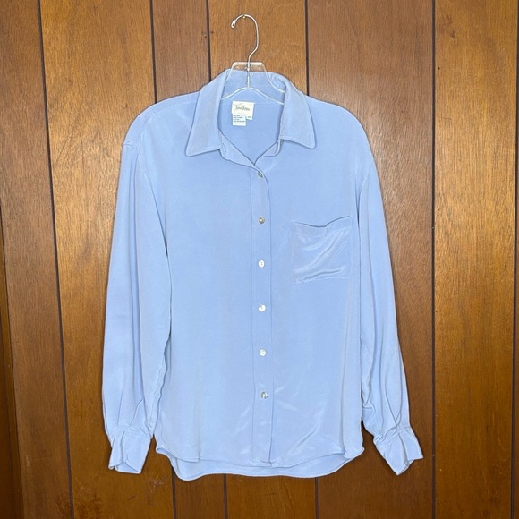 Neiman Marcus Silk Blouse Women 10 Blue Button Preppy Officecore Minimalist - Picture 1 of 11